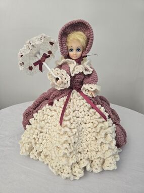 Vintage Hand Crochet Ruffled Pink Mauve Dress Gown Doll Bonnet Parasol Roses